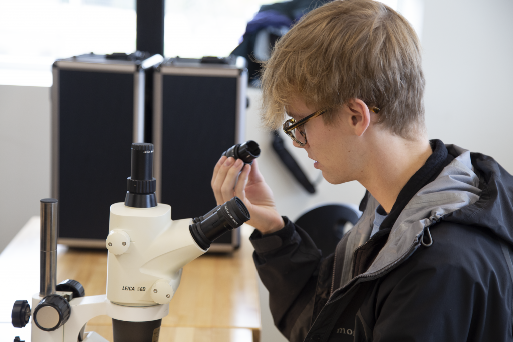 watershed coordinator looking into microscope