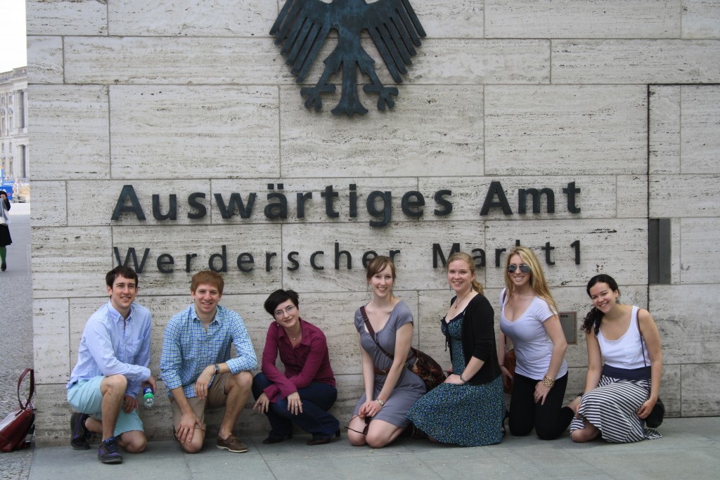 John G., John P., Janine Ludwig, Gwynnie, Verena, Stephanie, Emily (from left to right) in front of the German State Department