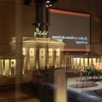 Look from the Academy of the Arts at the Brandenburg Gate with projected title from the last panel on Sunday