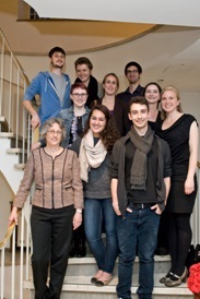 President Roseman with current Dickinson-in-Bremen students Ezra, Katie, Cassie, George, Adrienne, Madison, Santiago (from top left to down right) as well as Academic Director Ludwig and Program Coordinator Mertz (far right, 3rd and 2nd row). © Harald Rehling, Uni Bremen