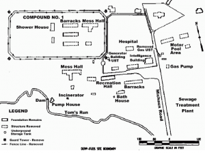 A map showing the 1943 layout of the Prison Grove Furnace Camp. Via Defense Environmental Restoration Program Site Map 1996 (Relabeled) and http://www.schaeffersite.com/michaux/DERmapLarge.gif