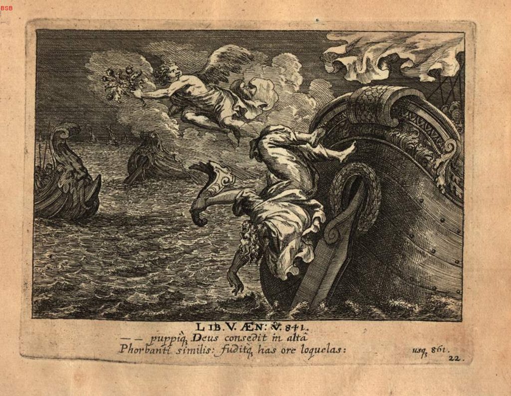 Palinurus falls from the stern of a ship into the sea, the God of Sleep flies away with a branch in his hand. Engraving from a German children’s picture-book version of the Aeneid by G. J. Lang and G. C. Eimmart, 1688.