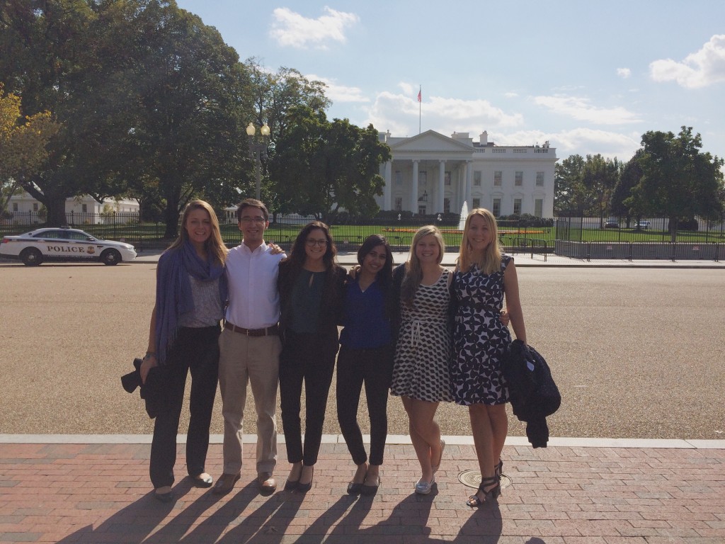 Half of the Dickinson delegation visiting the White House in between meetings. Pictured left to right: Cora Swanson '17, Brady Hummel '17, Elizabeth Plascencia '16, Rehana Rohman '16, Jackie Geisier '17, Jessica Poteet '15