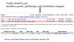 Perseus Latin Word Study tool on coit (Vergil, Aeneid 3.30)  