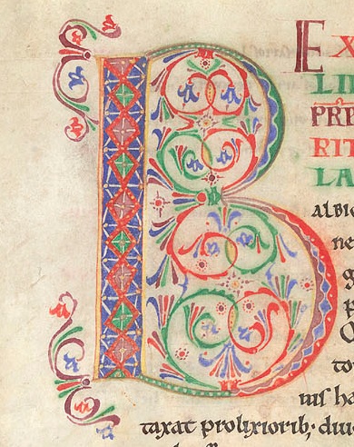 The decorated initial B ("Britannia") at the head of Liber 1 Caput 1 of Bede's Historia Ecclesiastica