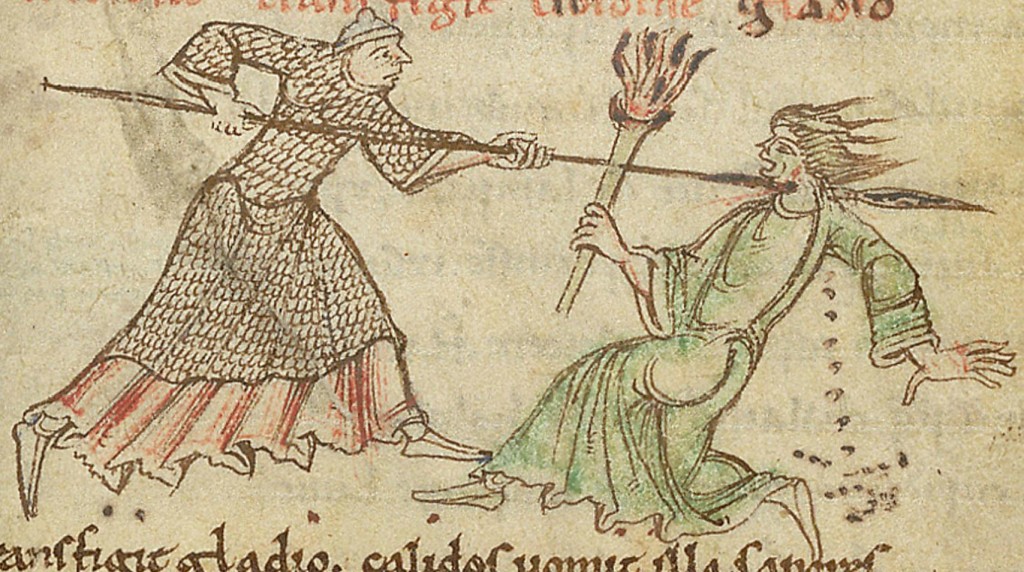 Chasity Pierces Lust, illustration from a manuscript of the Psychomachia, British Library. Cotton MS Titus D XVI, folio 7r St Albans, England, 1120AD. 