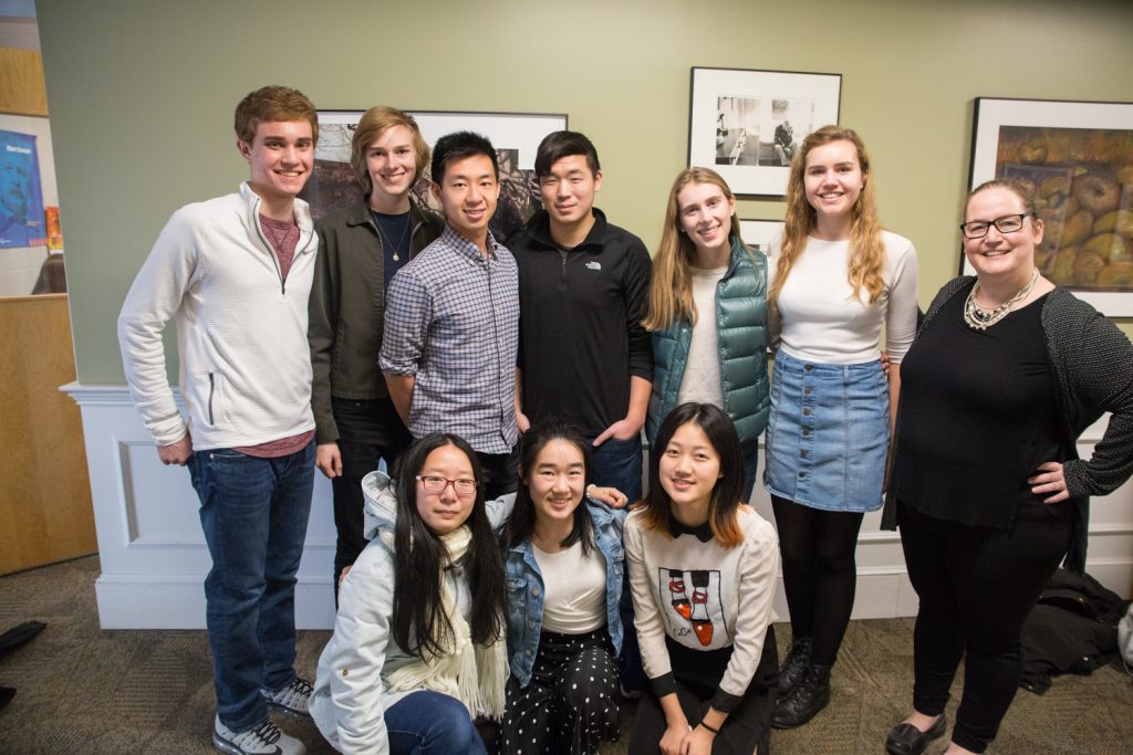 The Concord Academy Latin-Mandarin Project team. Photo (by Rebecca Lindegren, use only with permission): Top row from left: Ben Zide, Tenzin Rosson, Ken Lin (林鸿燊), Michael Qiu (邱阳), Anna Dibble, Lysie Jones, Elizabeth Penland. Bottom row from left: Nora Zhou (周安琪), Helen Wu (吴颖怡), Rebecca Yang (杨若祺)