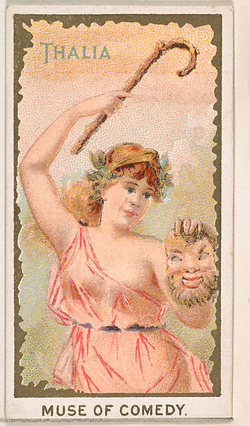 Scantily clad young woman holding theatrical mask.