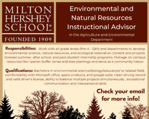 Flyer for Milton Hershey Natural Resources and Instructional Advisor Position