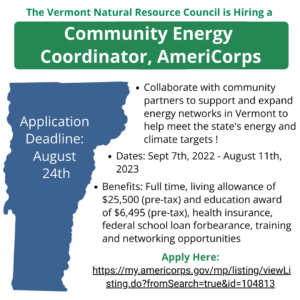 Flyer describing community energy coordinator job opportunity (AmeriCorps, Vermont Natural Resource Council)