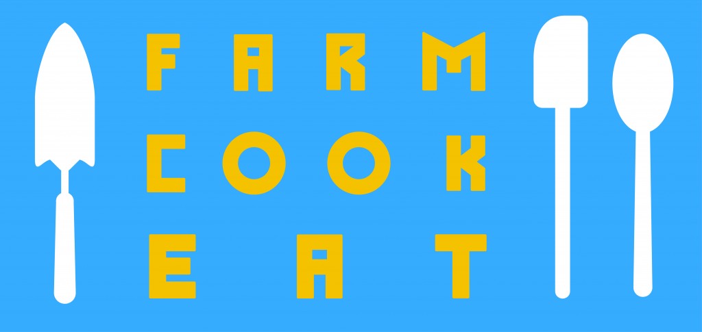 Farm Cook Eat logo blue and yellow