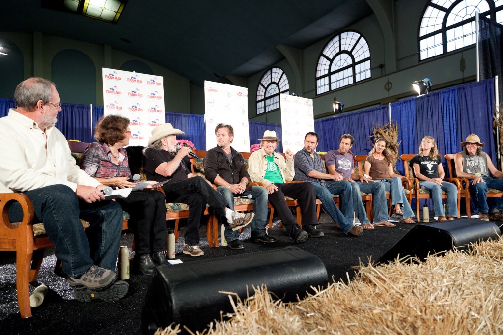 Farm Aid 2012: Brian Snyder of the Pennsylvania Association of Sustainable Agriculture, Carolyn Mugar of Farm Aid, Willie Nelson, John Mellencamp, Neil Young, Dave Matthew, Jack Johnson, Jenn Halpin of Dickinson College Farm in Carlisle, PA and Donna and Tom Perry of Perrydell Family Farm in York, PA.