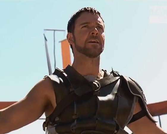 illustration showing Russel Crowe addressing arena crowd in Gladiator