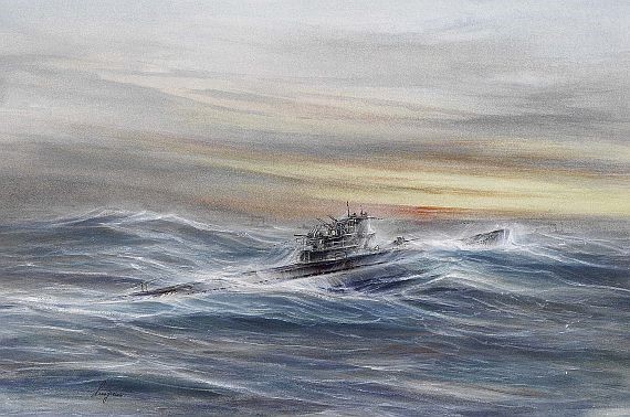 painting of submarine at sea