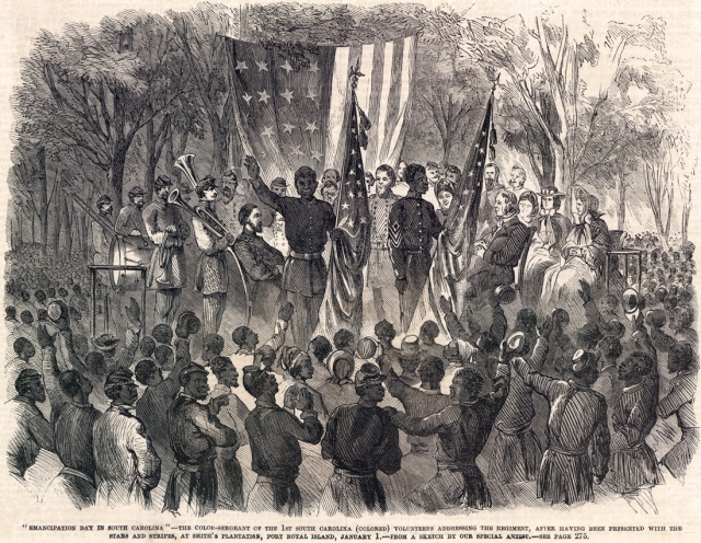 Sergeant Prince Rivers receives the colors of the First South Carolina Volunteers, Port Royal, South Carolina, January 1, 1863 (Courtesy of the House Divided Project)