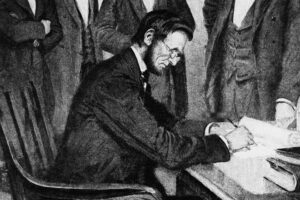 Abraham Lincoln signing the Emancipation Proclemation on January 1, 1863