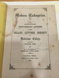 The inside cover of the anniversary address of the Belles Lettres society in 1862. Document property of Dickinson College Archives. 
