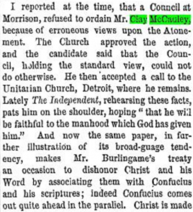 Excerpt from Western Correspondence by Pilgrim for the Congregationalist and the Boston Recorder regarding Clay McCauley.