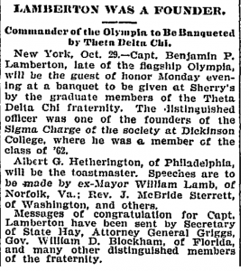 1899 Washington Post article about Benjamin Lamberton being honored by Theta Delta Chi. 
