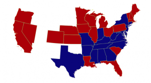 Map of Electoral Votes in 1876 Presidential Election. Red represents votes for Hayes and blue represents votes for Tilden. Courtesy of the American Presidency Project. 