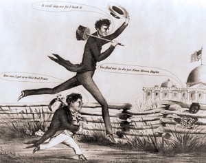 1860 Lincoln-Douglas cartoon. Despite being two years later, it captures the public perception of the two candidates. Courtesy of House Divided.
