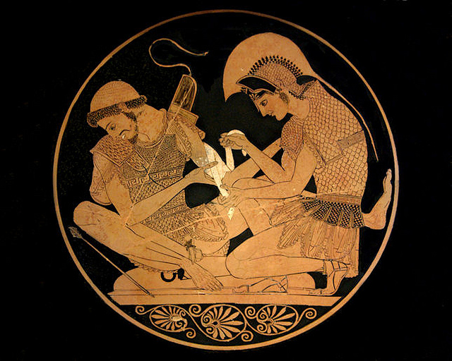 The Sosias Painter, "Achilles tending the wounded Patroklos," late archaic period. Berlin, Antikenmuseen