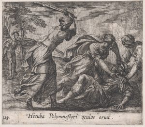 Illustration: Hecuba and the Trojan Women Murdering Polymestor (Hecuba Polymnestori oculos ervit), from Ovid's 'Metamorphoses' 1606 Antonio Tempesta Italian
