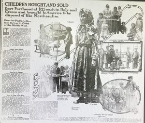 Newspaper article showing a woman and children laboring 