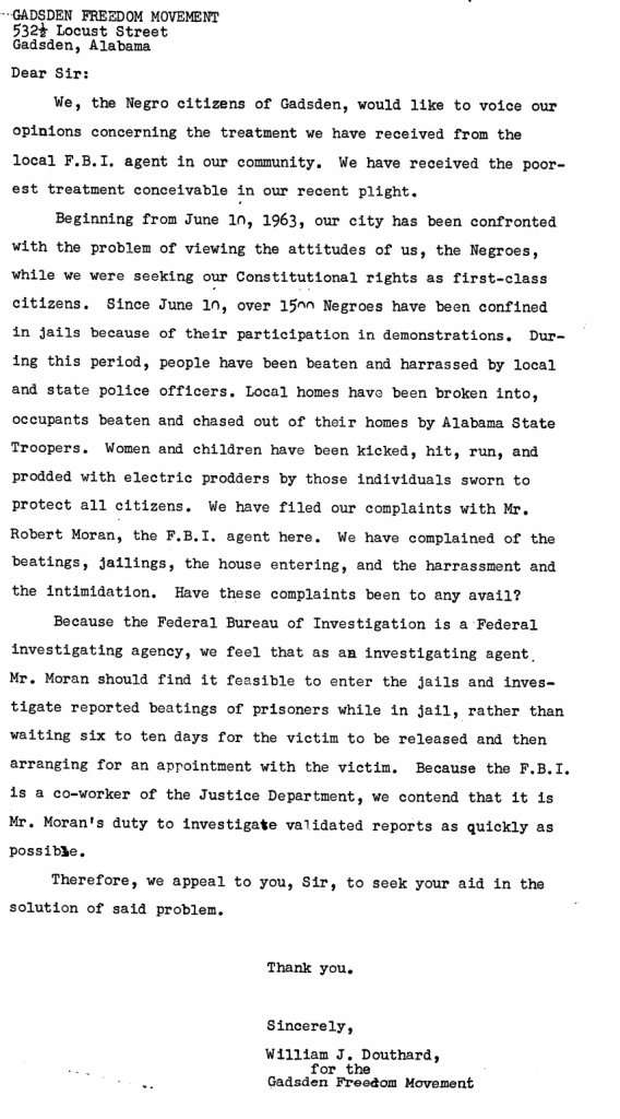 Letter sent by membes of SNCC to J.E. Hoover describing the violence and injustices that they have suffered from local law enforcement. 