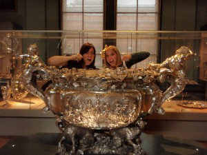Sarah and Alli drinking from the giant punch bowl