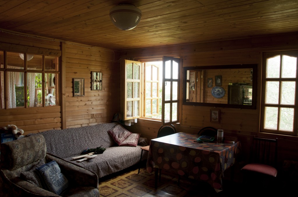 Russian room interior with wood paneling, low natural light