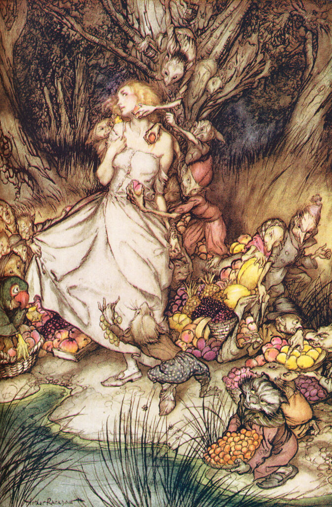 One of Arthur Rackham's drawings of Goblin Market, specifically of the goblins trying to feed lizzie