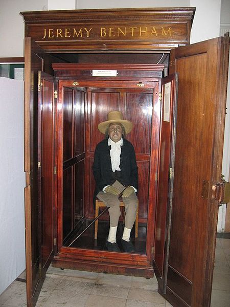Jeremy Bentham, founder of utilitarian philosopher and early animal rights advocate. Here is Bentham's "auto-icon" (his "skeletonized" remains plus a wax head, preserved forever in the lobby of University College London. Bentham suggested that these utilitarian uses of dead bodies would be helpful to future college decision-makers who could look at this suit of clothes inhabited by the remains of the great man and think, "What would Jeremy do?" Surely one of the strangest natural history specimens in the world. (Photo credit: Michael Reeve)
