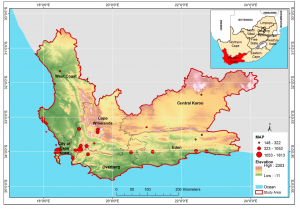Image of West Cape Province map signifying weather station and relative percipitation.