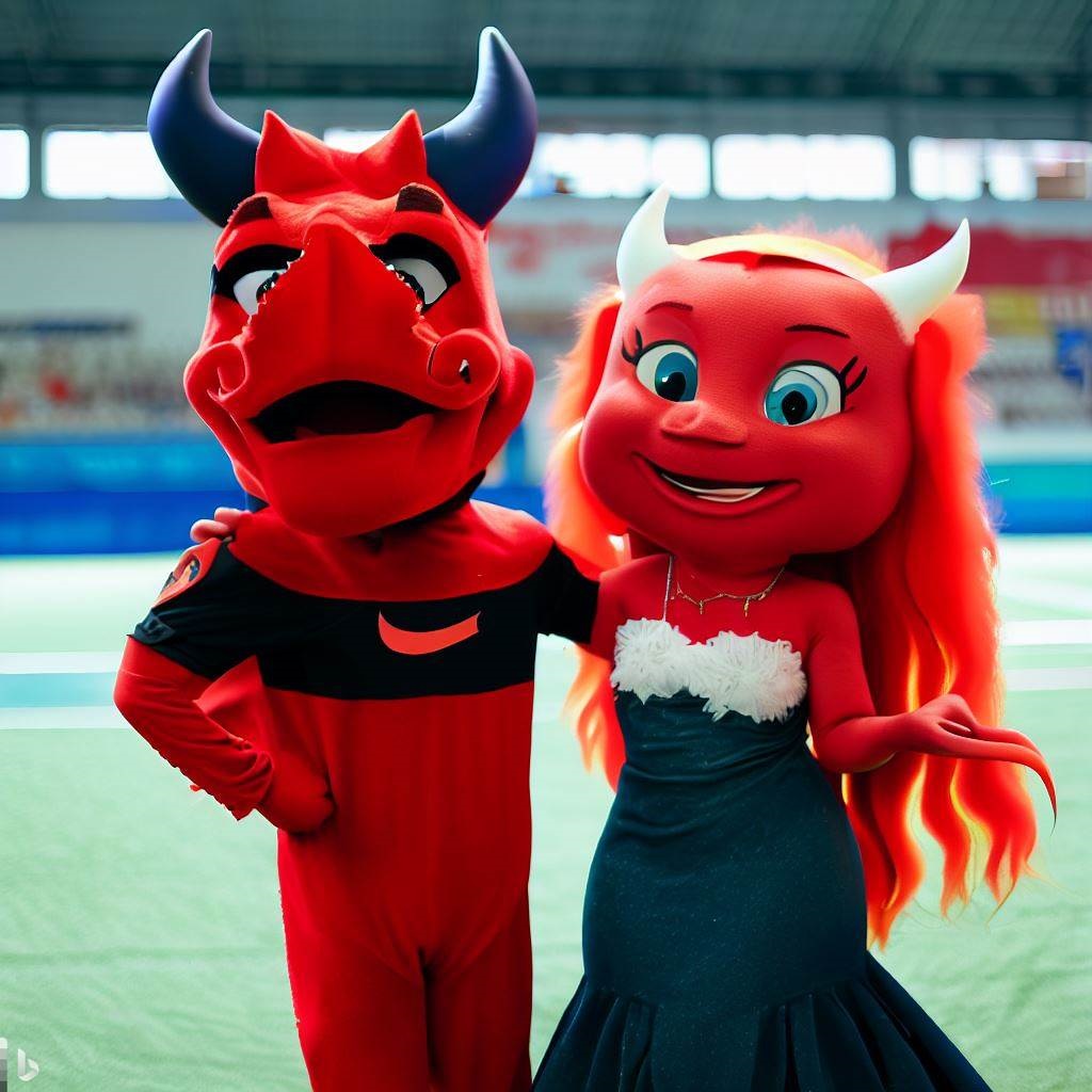 AI generated image of 2 sports mascots posing together. One is a red devil and the other is a red mermaid