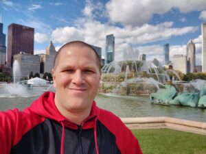 James D'Annibale standing in front of a fountain