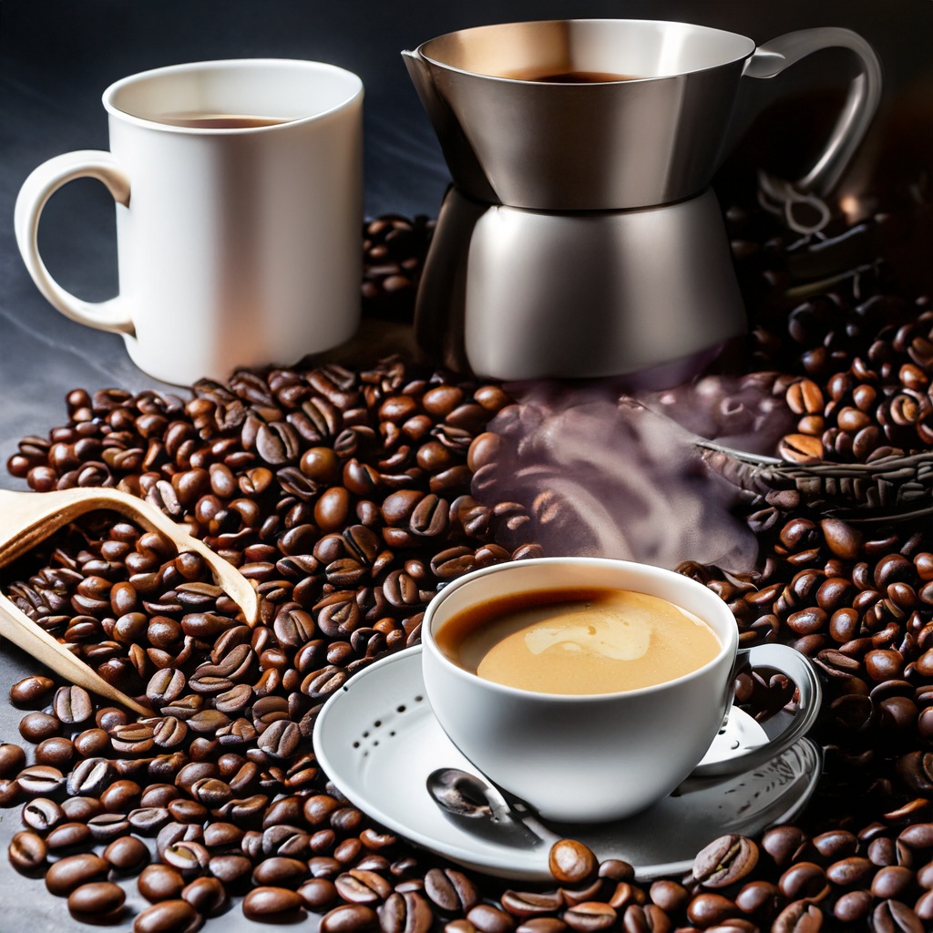 AI generated image with following prompt: coffee beans scattered on a counter next to a mug of steaming coffee and a cup of espresso