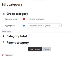 Screenshot of Moodle edit grade category screen