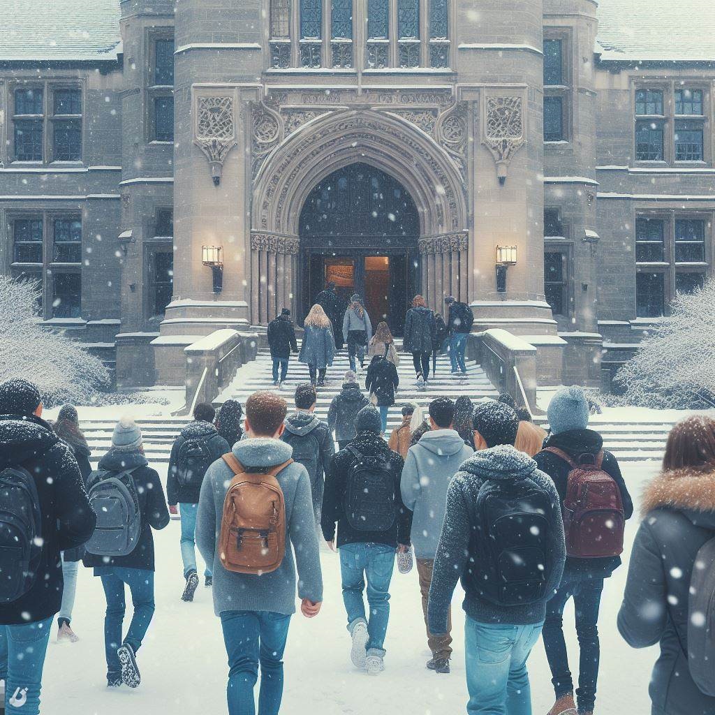 AI created image of students entering an academic building with snow around them.