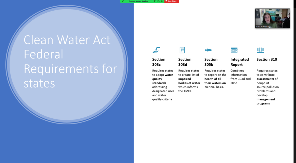Image is a screenshot of the presentation spotlighting Emma and the Clean Water Act. 