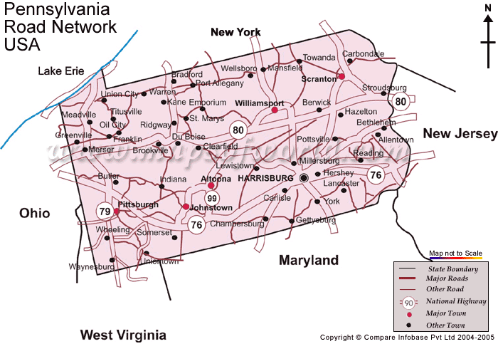 Highways in Pennsylvania, courtesy of http://www.mapsofworld.com/usa/states/pennsylvania/maps/pennsylvania-road-map.gif