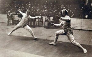 Vintage photo of two people fencing 