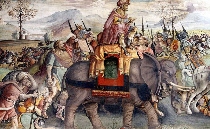 Detail from fresco Hannibal Crossing the Alps. Attributed to Jacopo Ripanda, c. 1510. Palazzo del Campidoglio (Capitoline Museum), Rome. Photograph © José Luiz Bernardes Ribeiro / CC BY-SA 4.0 via Wikimedia Commons.