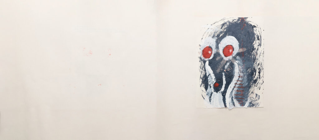 mostly blank page with drawing of something that looks like a snake head at the right