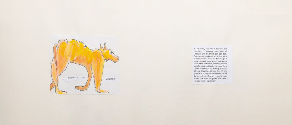 book page with lots of white space, a rather crude drawing of a lion seen from the side at left and a small block of text at the right