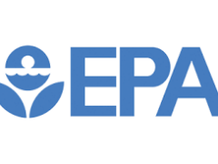 The EPA logo in blue. There is a flower that has the ocean, land, and sky as the pedals