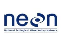 The Logo for the National Ecological Observatory Network (NEON). NEON is written in blue front with the acronym spelled out underneath it