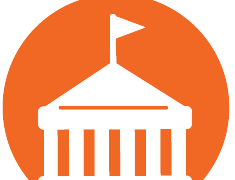 Government Jobs Logo: White government building on a orange circle background
