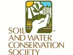 SWCS Logo - A cupped hand is holding a sapling under the sun and rain