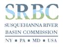 SRBC logo blue text with land and river through SRBC